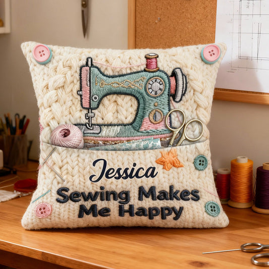 Sewing Makes Me Happy - Personalized Sewing Pocket Pillow