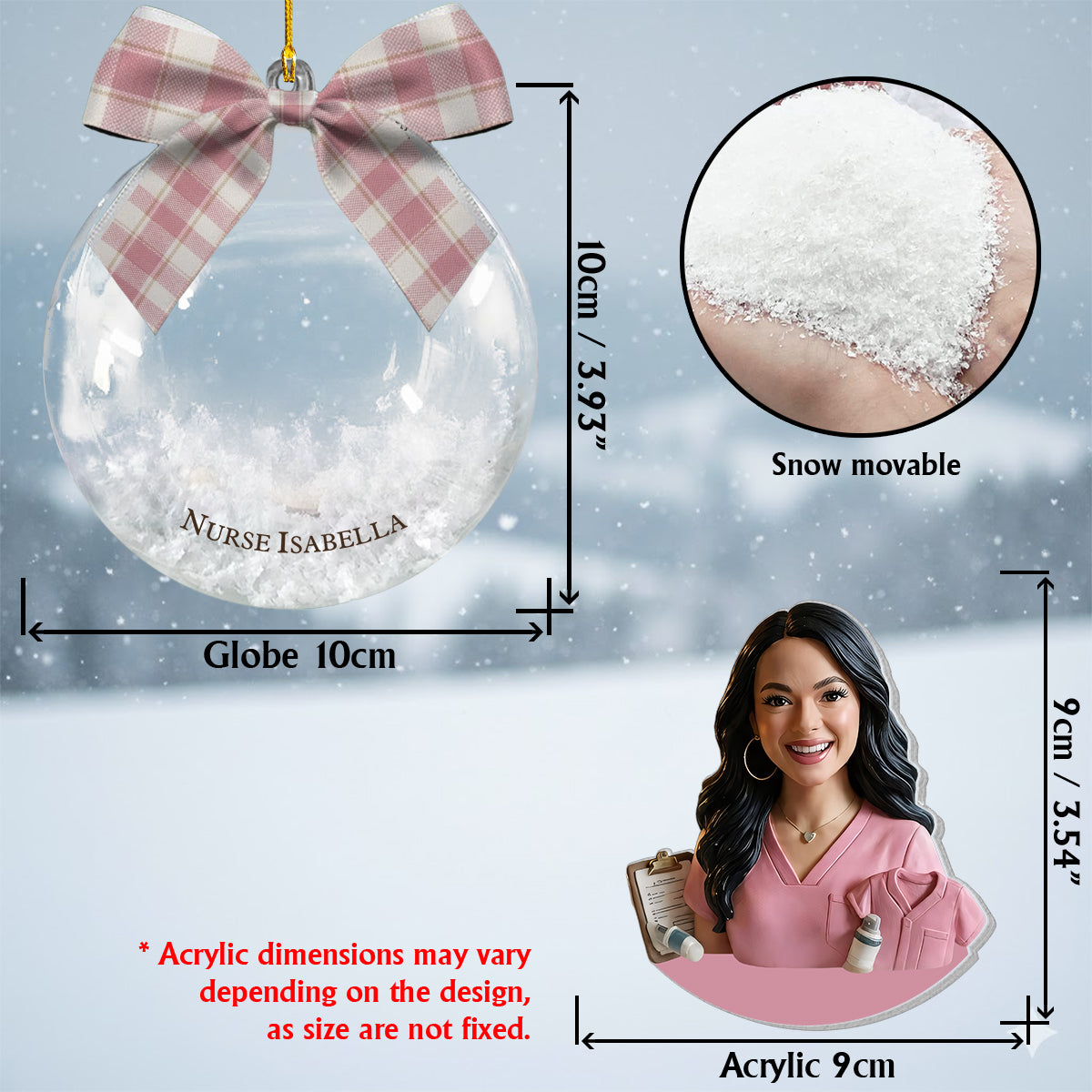 Infirmière de Noël - Ornement en boule à neige personnalisé avec nœud