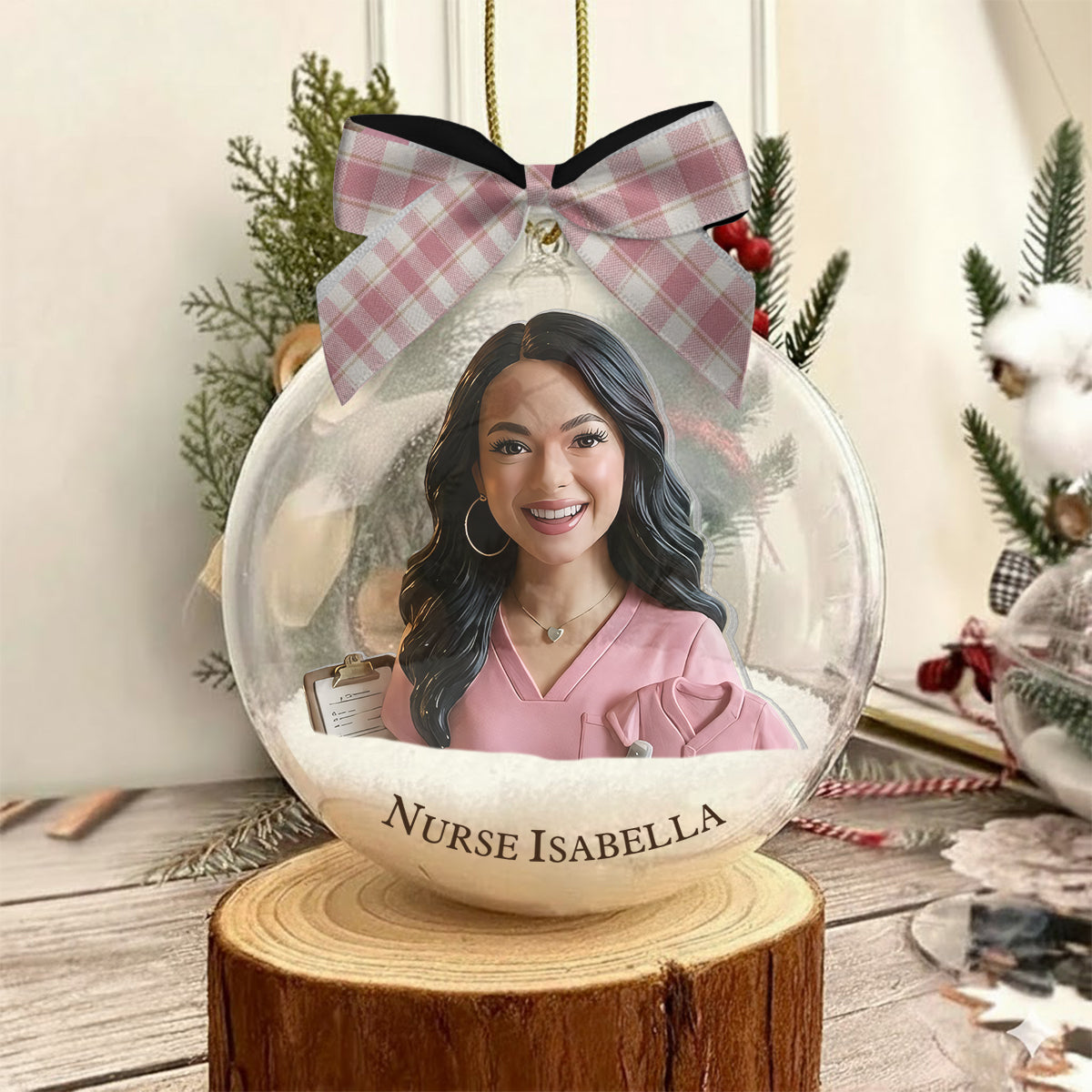 Infirmière de Noël - Ornement en boule à neige personnalisé avec nœud