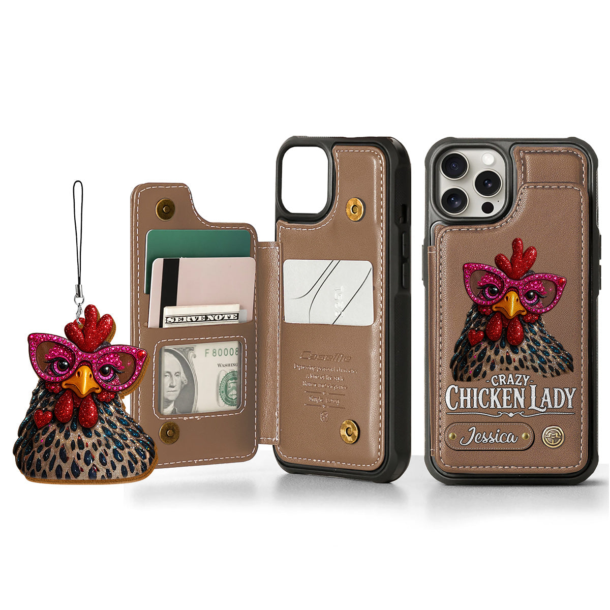 Crazy Chicken Lady - Étui portefeuille personnalisé pour téléphone avec poulet