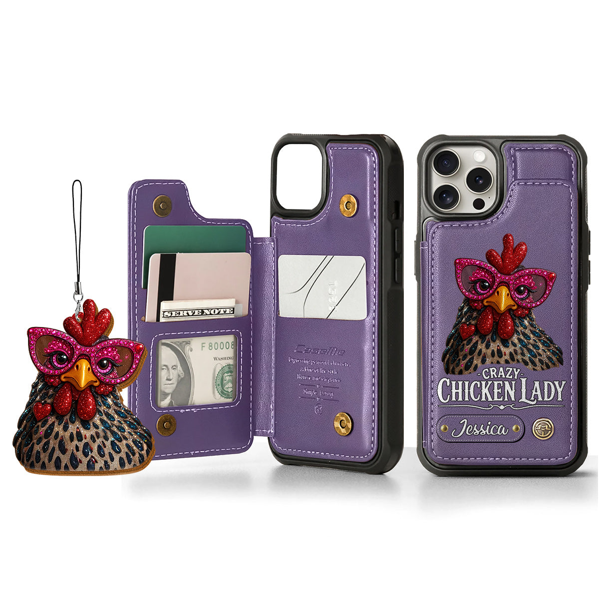 Crazy Chicken Lady - Étui portefeuille personnalisé pour téléphone avec poulet