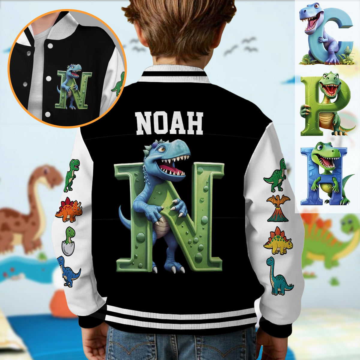 Veste universitaire personnalisée pour enfants avec initiales de dinosaures, pour garçons et filles