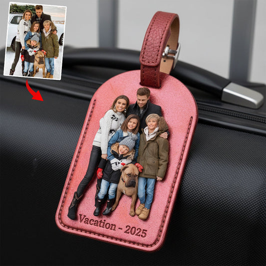 Étiquette à bagages en cuir personnalisée avec photo - Modèle familial