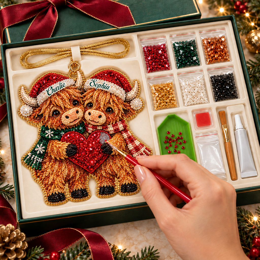 Joyeux Noël Mon Amour - Kit d'Ornement de Peinture Diamant Personnalisé Vache des Highlands
