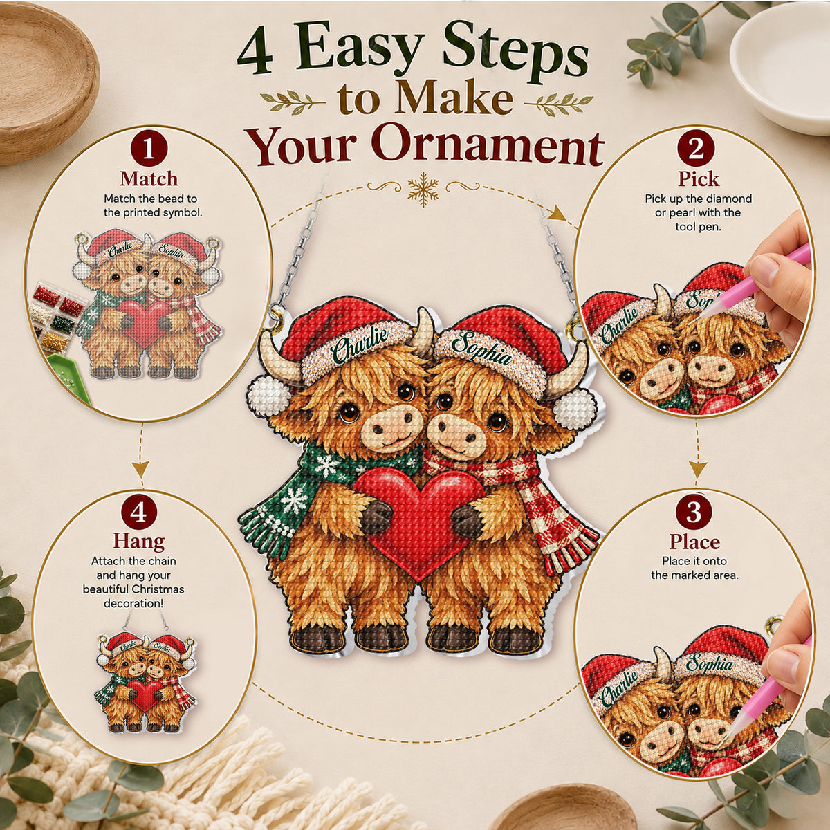 Joyeux Noël Mon Amour - Kit d'Ornement de Peinture Diamant Personnalisé Vache des Highlands