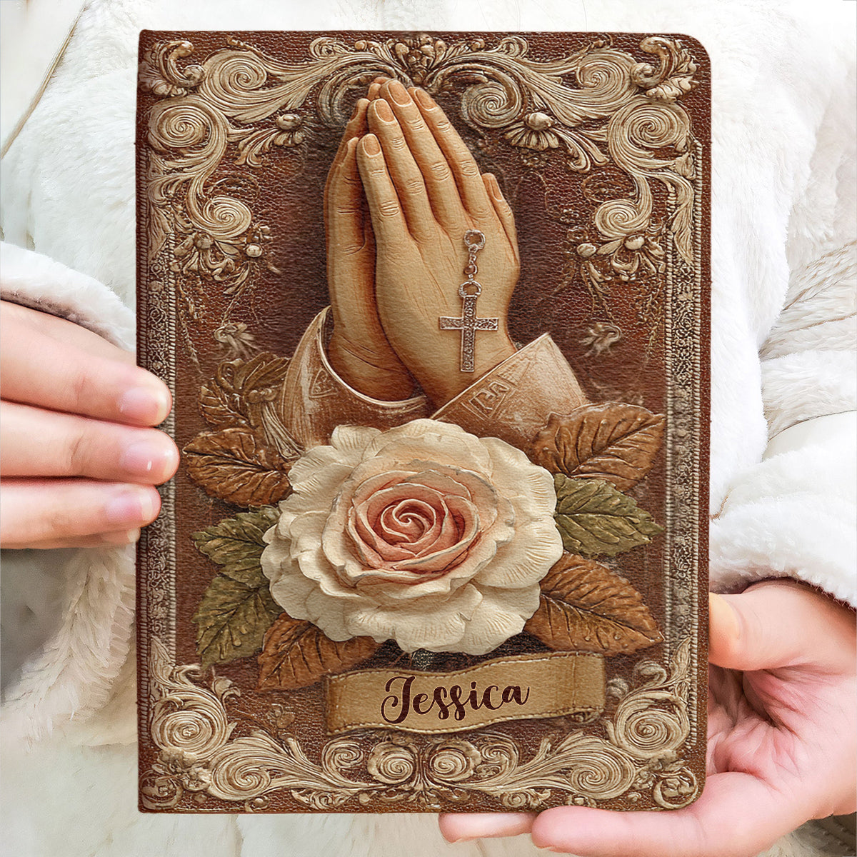 Praying Hands With Roses - Personalized Christian Leather Journal