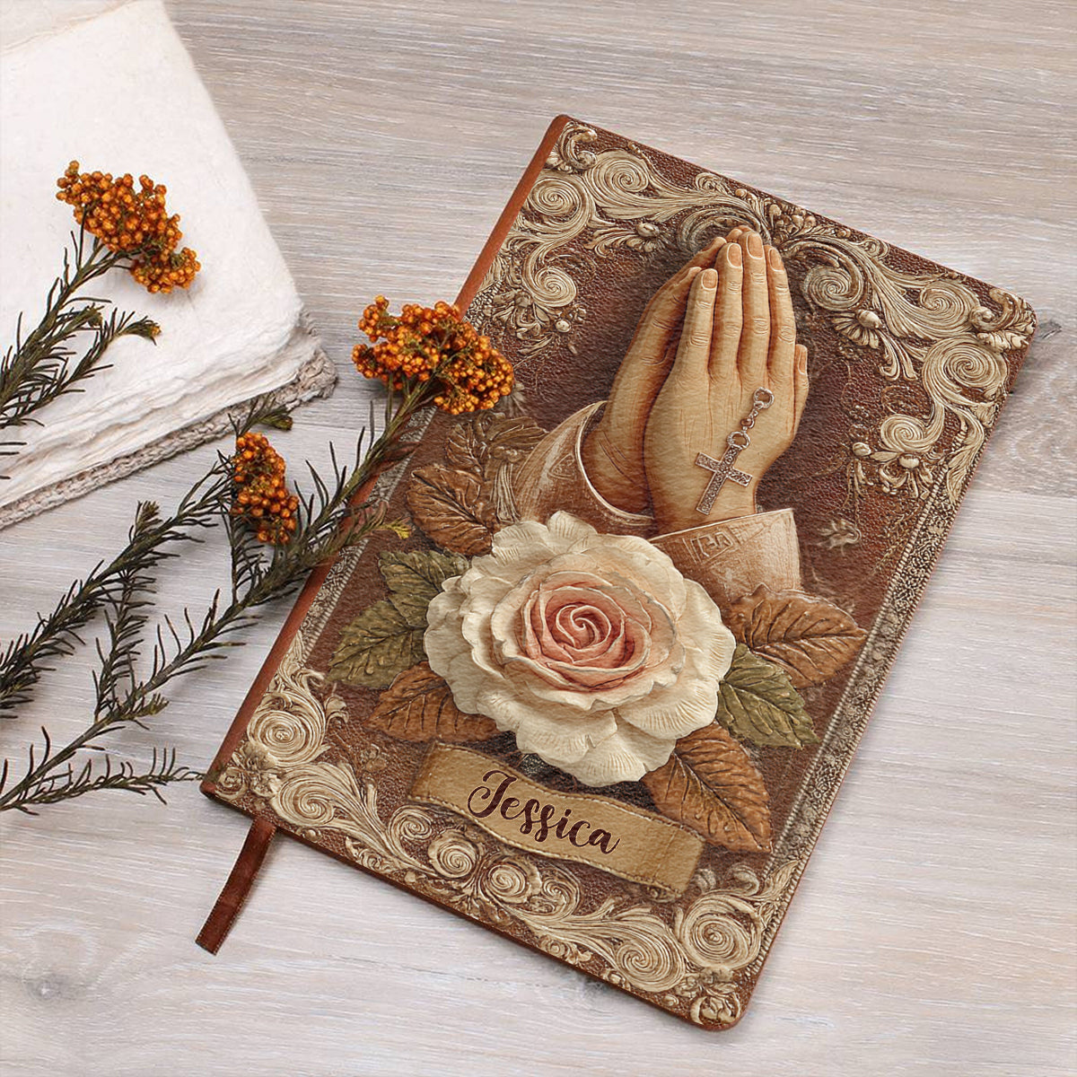 Praying Hands With Roses - Personalized Christian Leather Journal