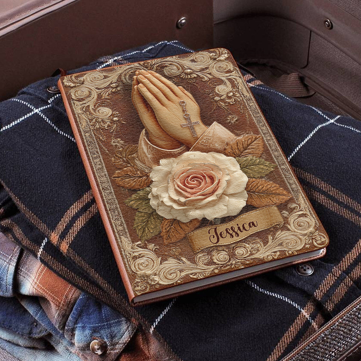 Praying Hands With Roses - Personalized Christian Leather Journal