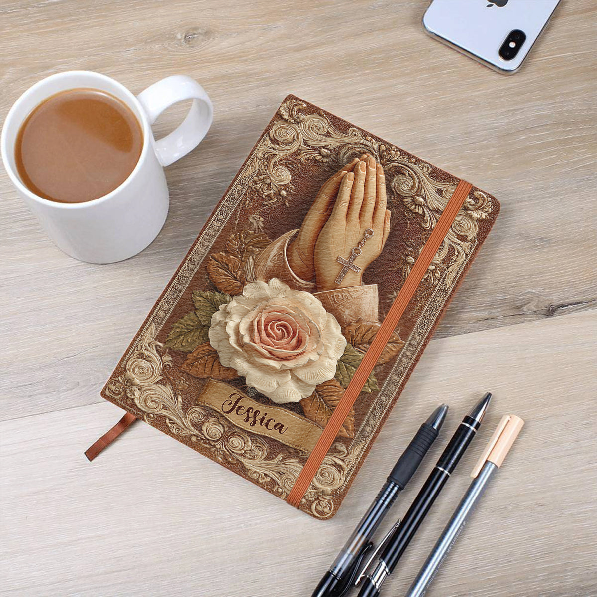 Praying Hands With Roses - Personalized Christian Leather Journal