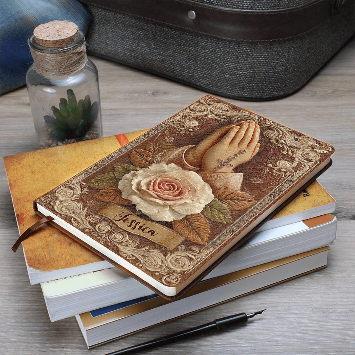 Praying Hands With Roses - Personalized Christian Leather Journal