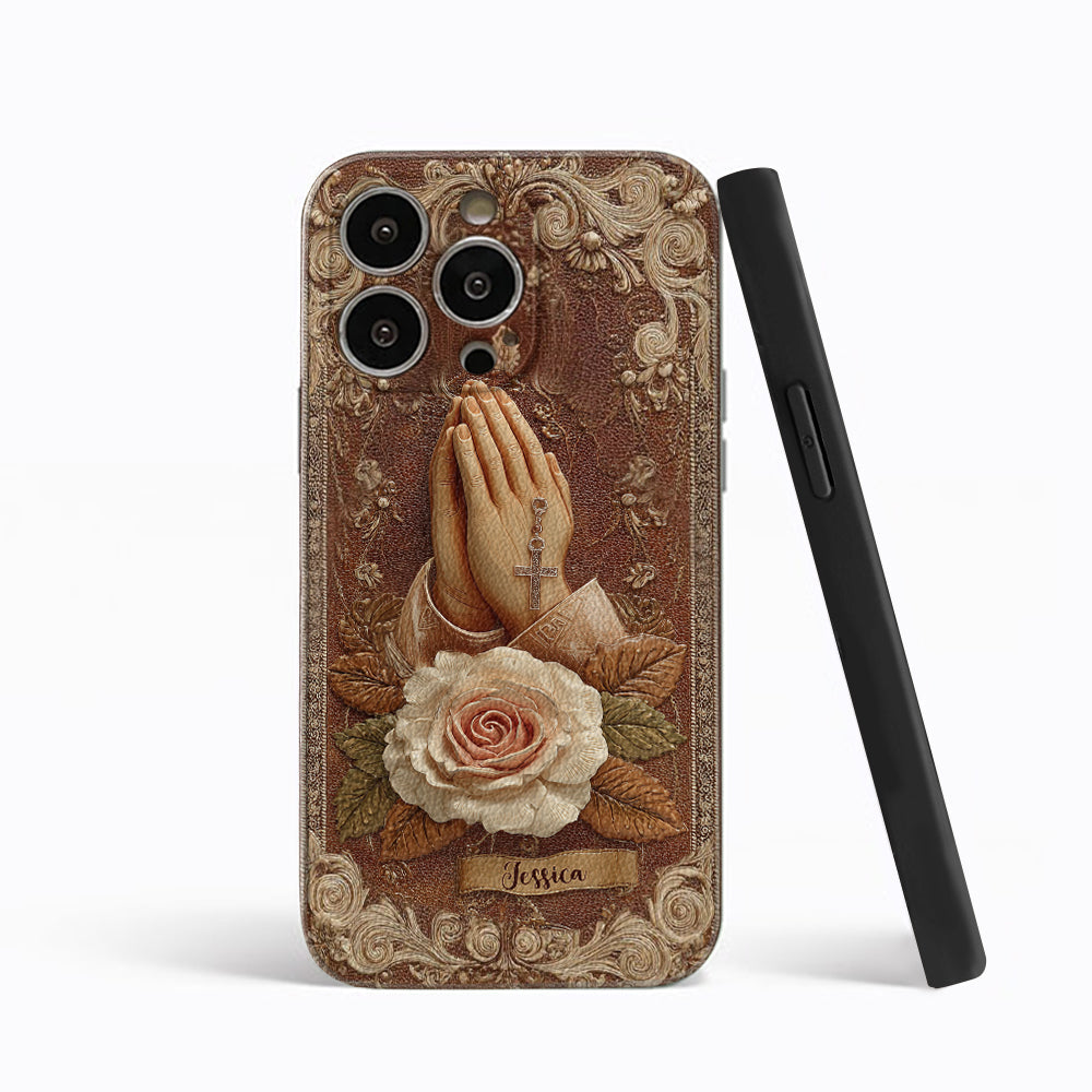 Étui de téléphone chrétien personnalisé en cuir avec mains jointes et roses