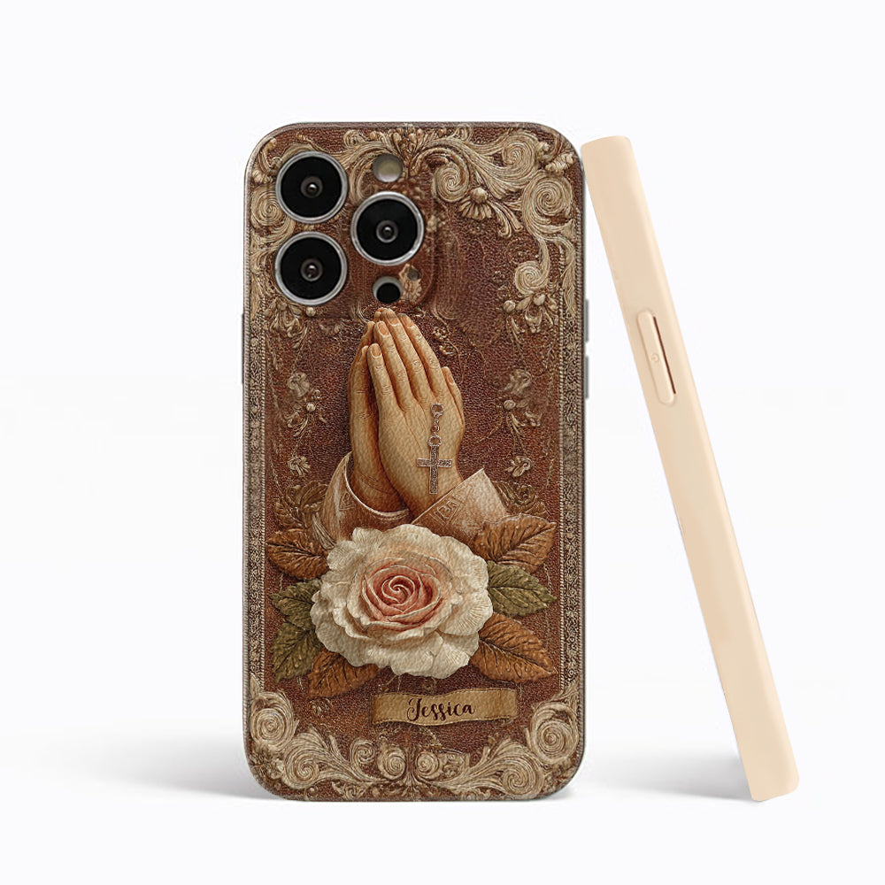 Étui de téléphone chrétien personnalisé en cuir avec mains jointes et roses