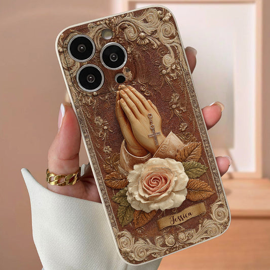 Étui de téléphone chrétien personnalisé en cuir avec mains jointes et roses
