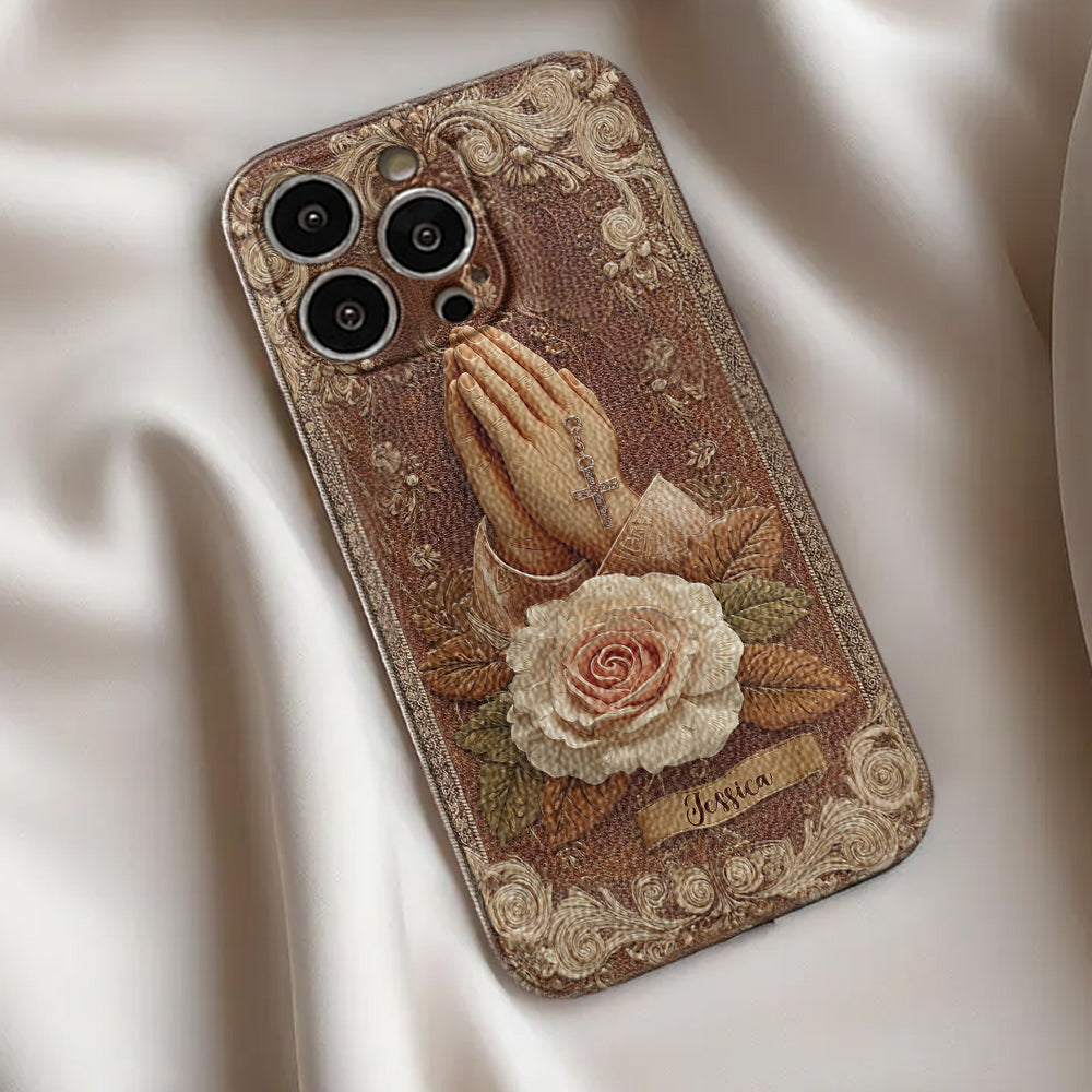 Étui de téléphone chrétien personnalisé en cuir avec mains jointes et roses