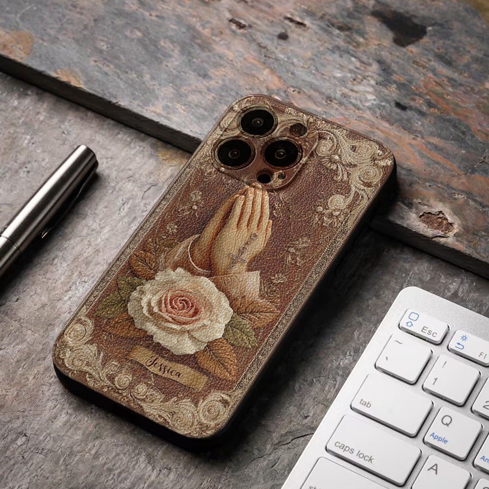 Étui de téléphone chrétien personnalisé en cuir avec mains jointes et roses