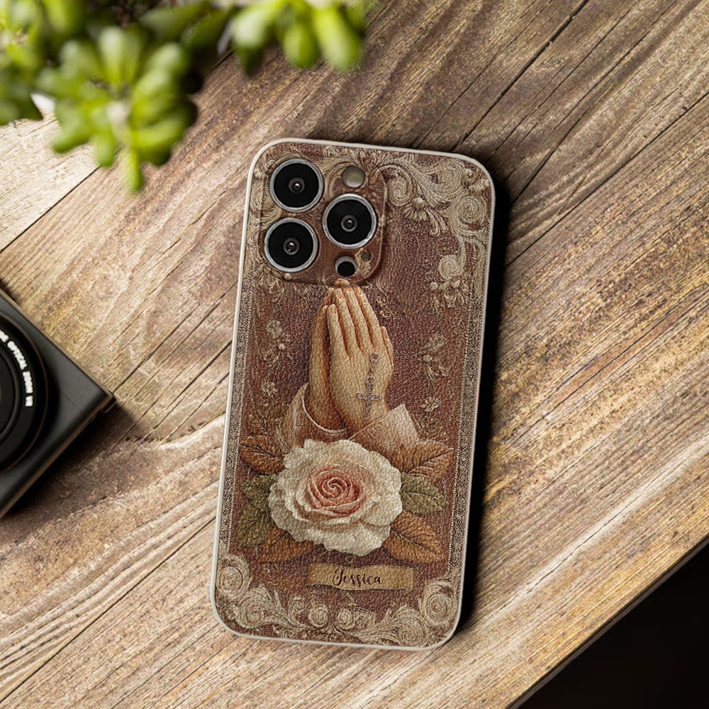 Étui de téléphone chrétien personnalisé en cuir avec mains jointes et roses