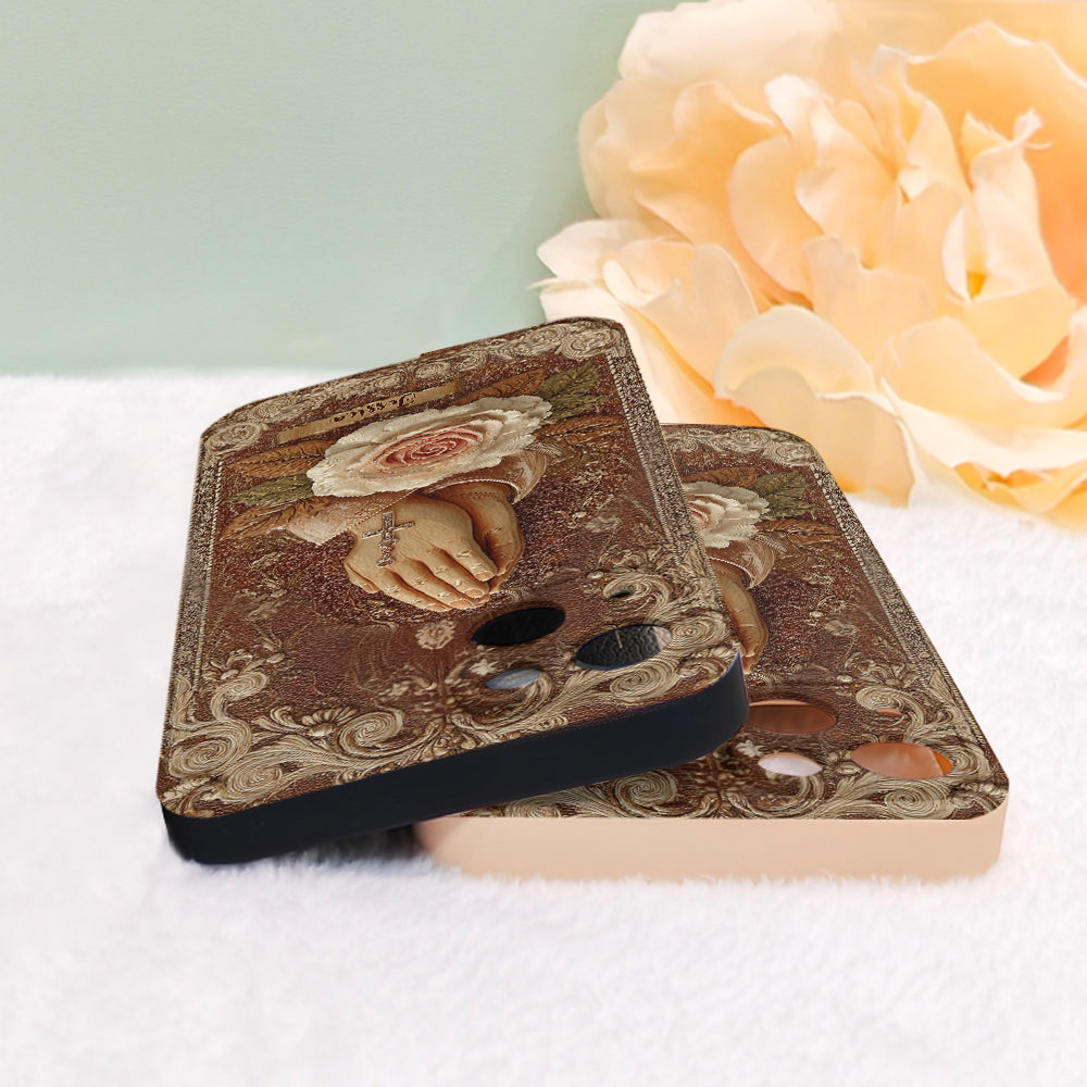Étui de téléphone chrétien personnalisé en cuir avec mains jointes et roses