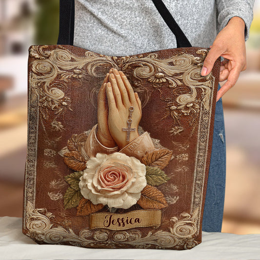 Mains en prière avec des roses - Sac chrétien personnalisé
