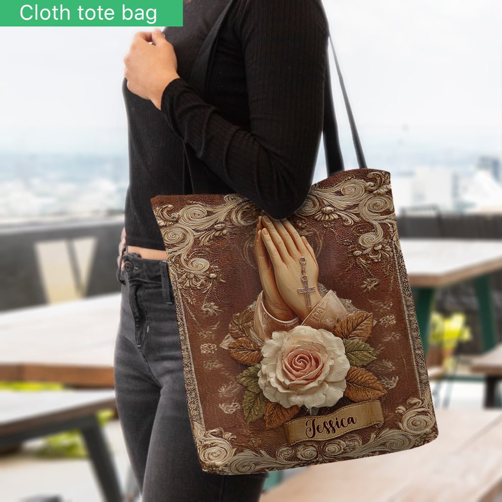 Mains en prière avec des roses - Sac chrétien personnalisé