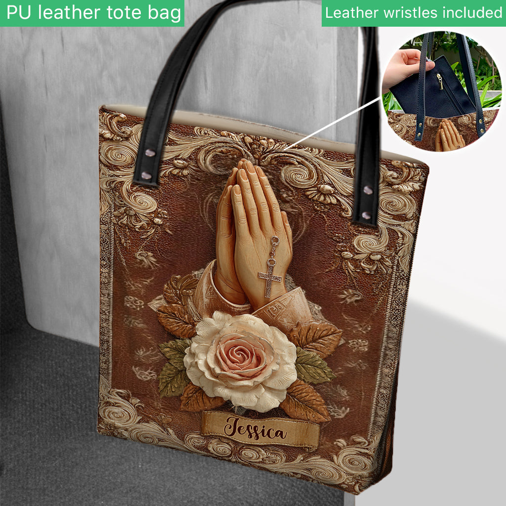 Mains en prière avec des roses - Sac chrétien personnalisé