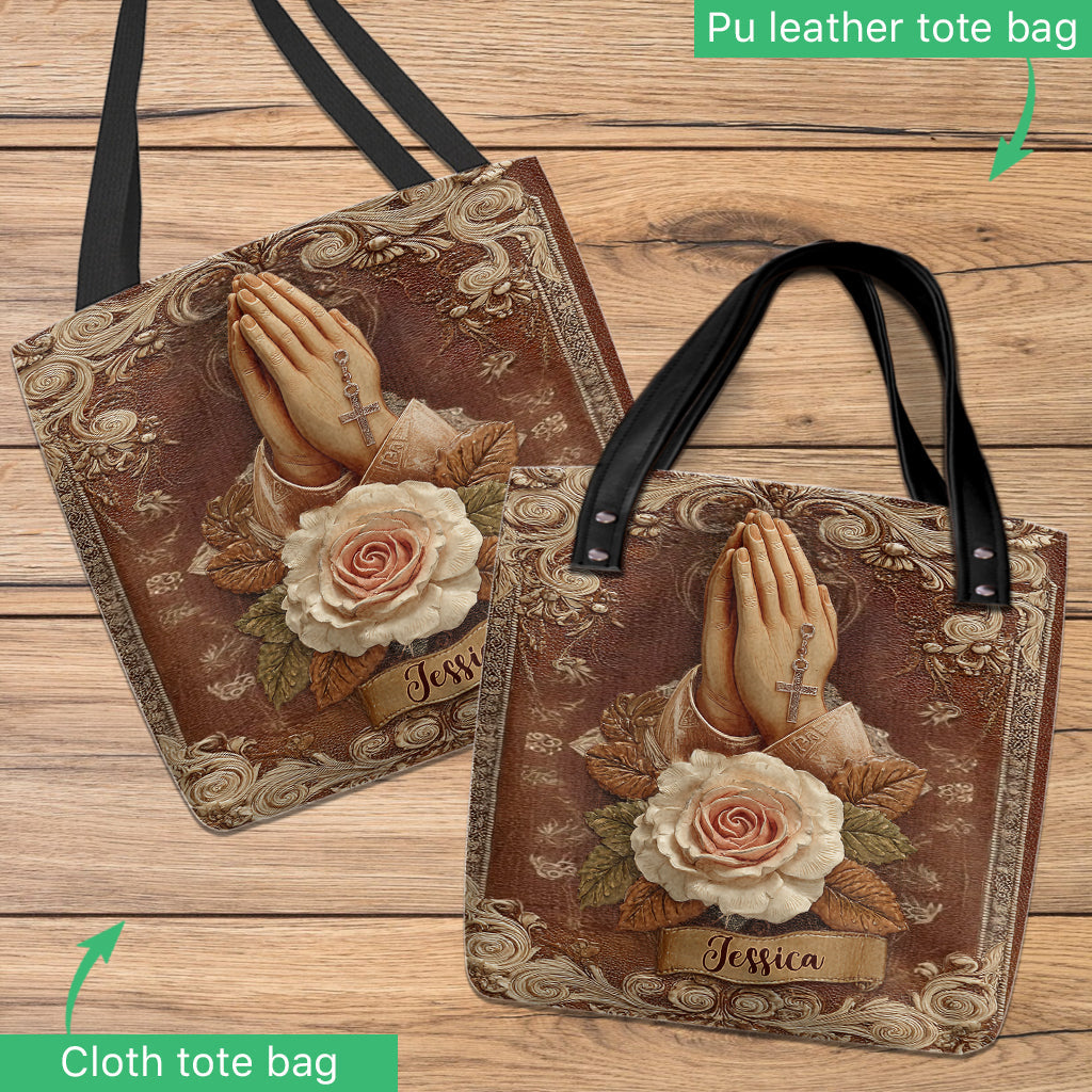 Mains en prière avec des roses - Sac chrétien personnalisé