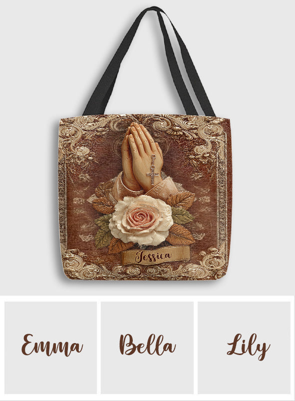 Mains en prière avec des roses - Sac chrétien personnalisé