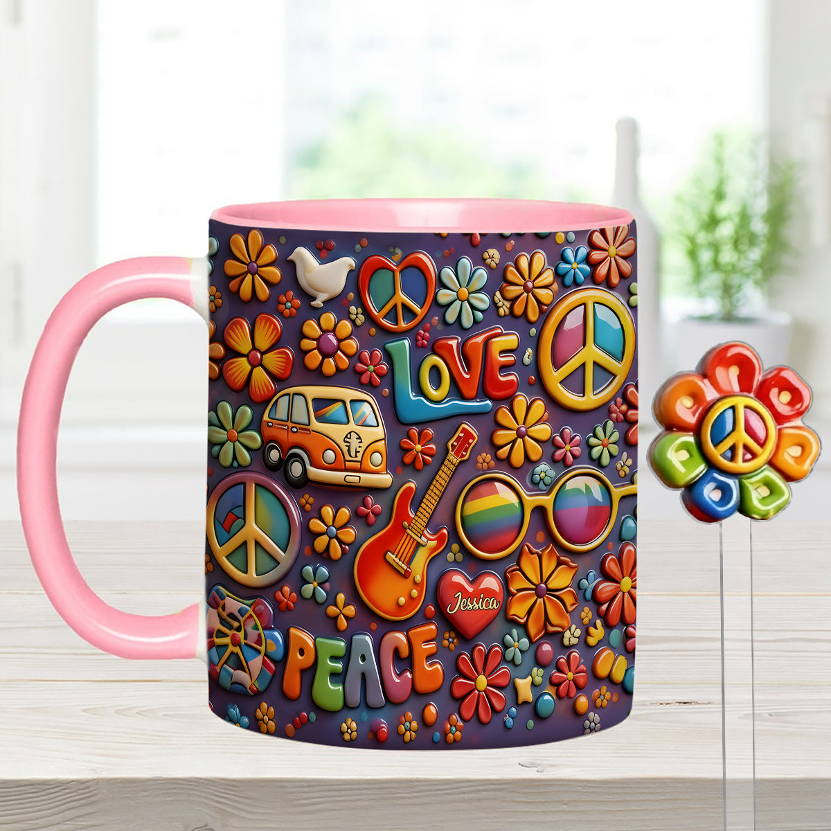 Hippie Peace Love - Personalized Hippie Set Accent Mug with Acrylic Stirrers