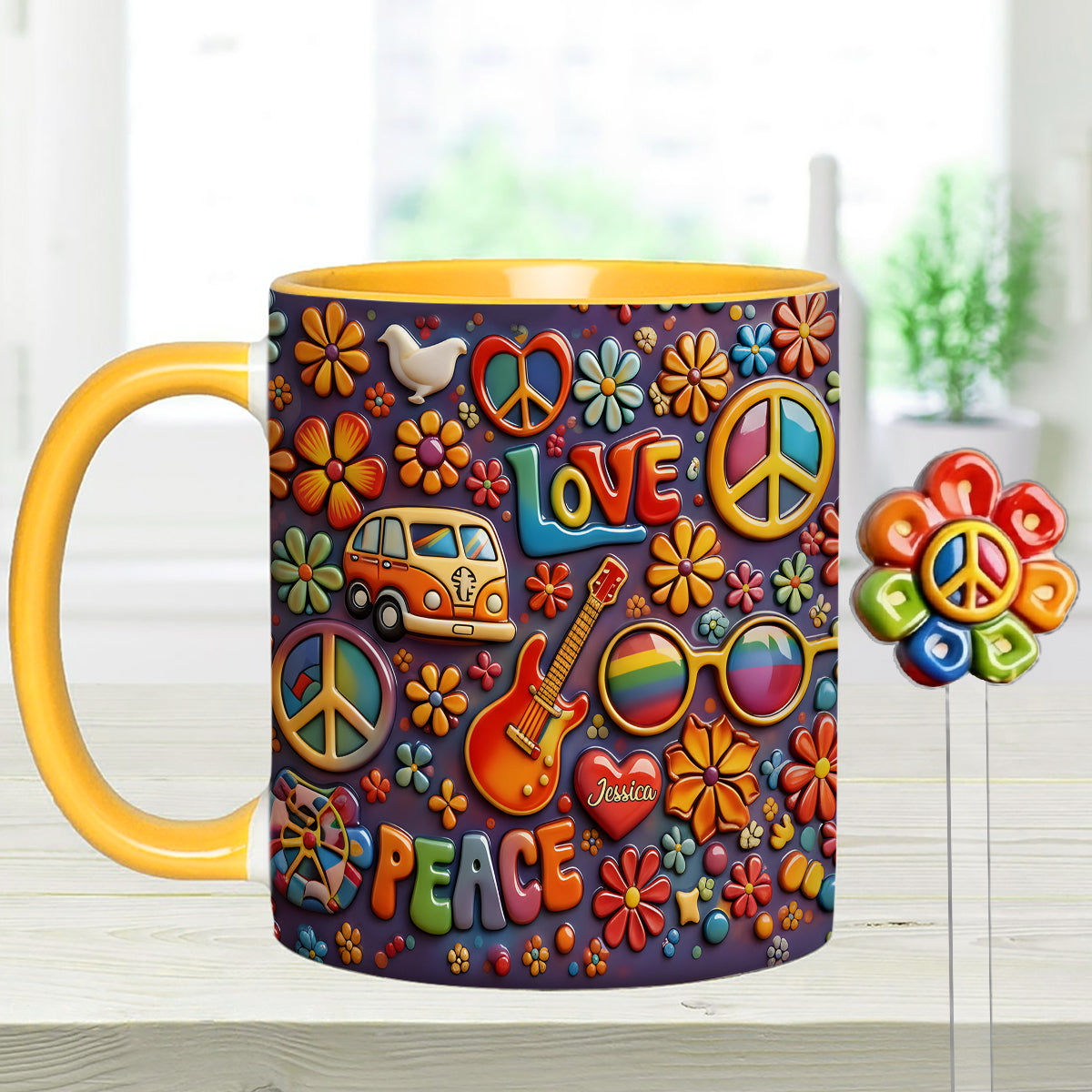 Hippie Peace Love - Personalized Hippie Set Accent Mug with Acrylic Stirrers