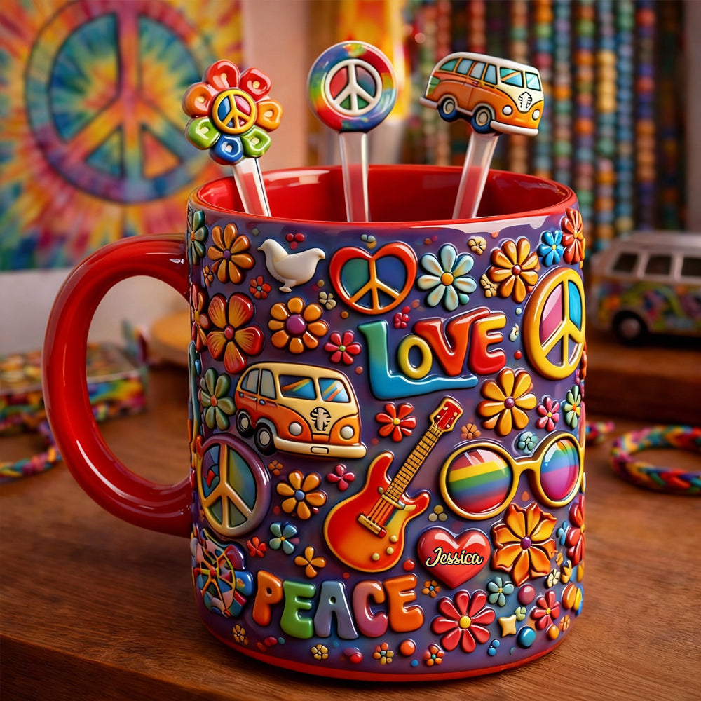Hippie Peace Love - Personalized Hippie Set Accent Mug with Acrylic Stirrers
