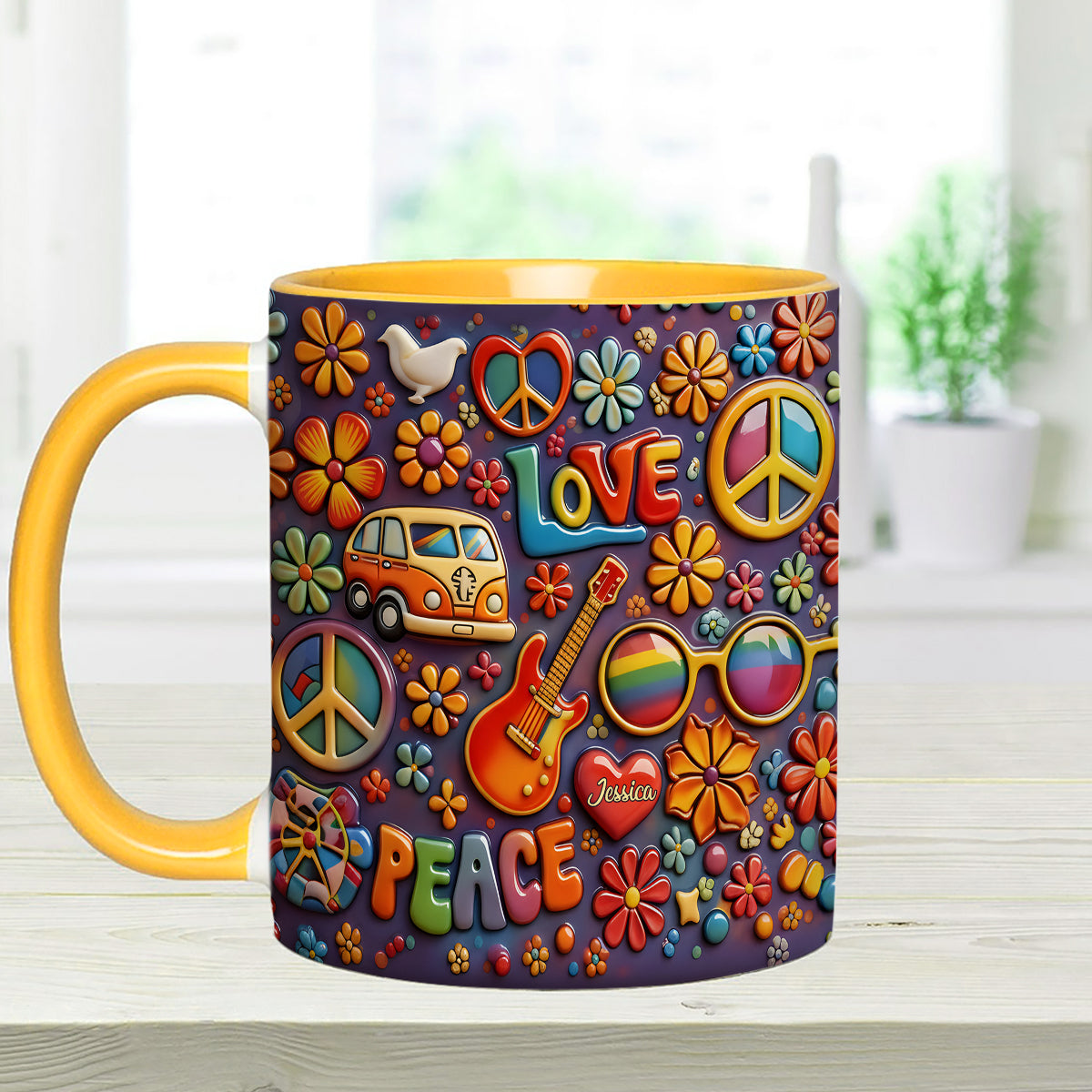 Hippie Peace Love - Personalized Hippie Set Accent Mug with Acrylic Stirrers