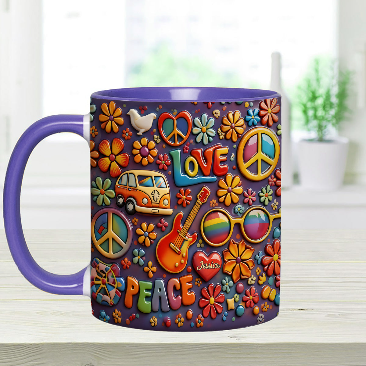 Hippie Peace Love - Personalized Hippie Set Accent Mug with Acrylic Stirrers