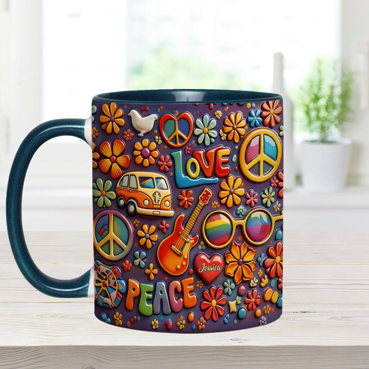 Hippie Peace Love - Personalized Hippie Set Accent Mug with Acrylic Stirrers