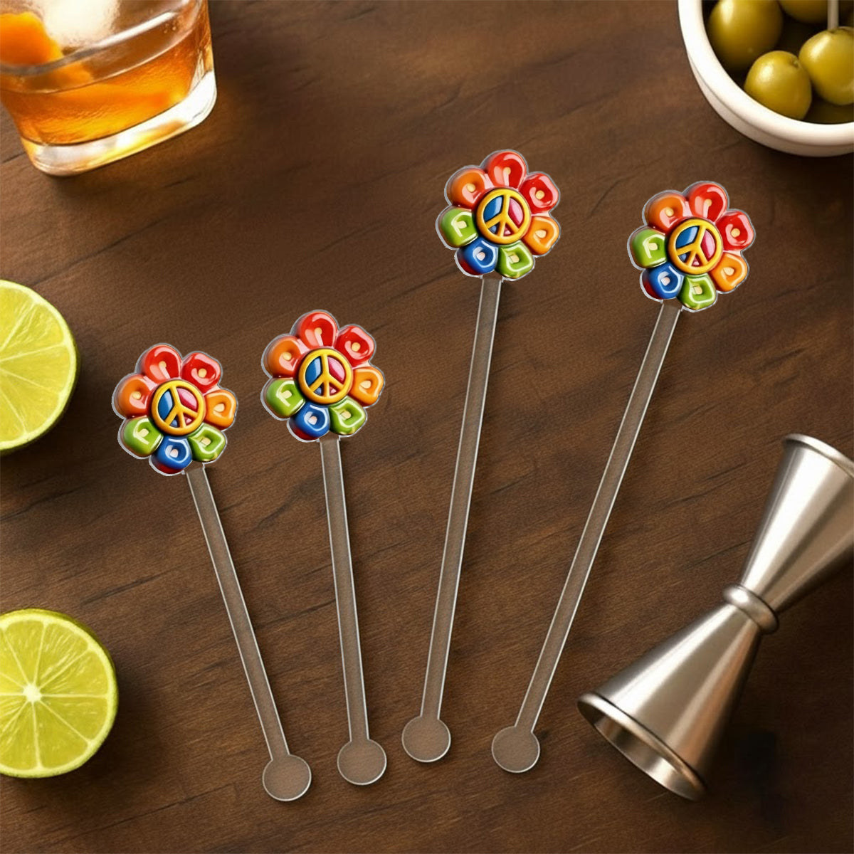 Hippie Peace Love - Personalized Hippie Set Accent Mug with Acrylic Stirrers