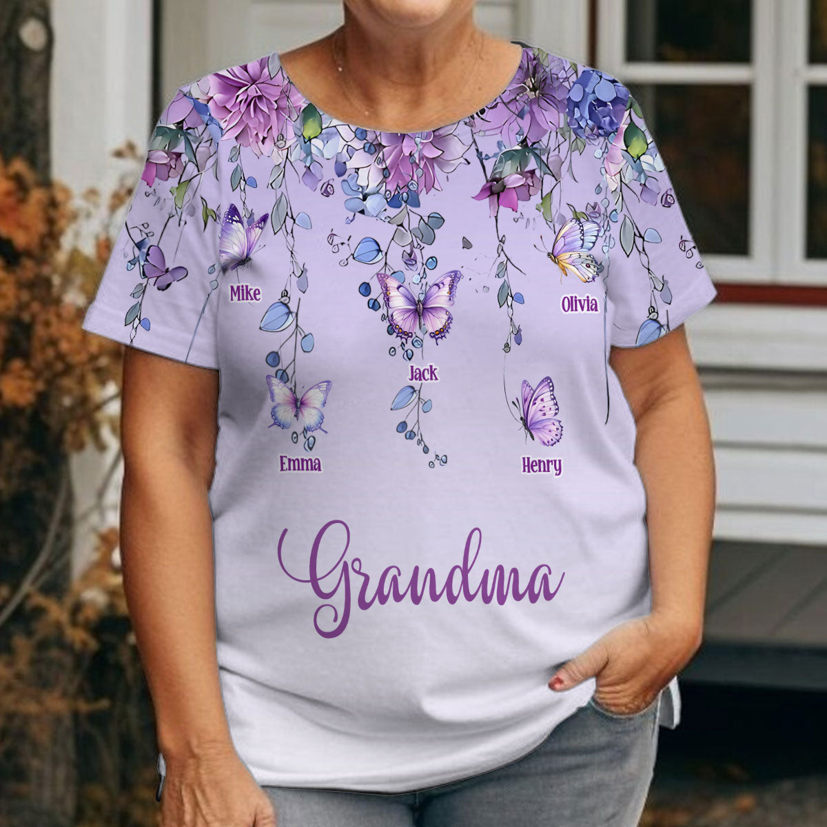 T-shirt personnalisé « Grand-mère et enfants papillon » - T-shirt intégral « Grand-mère »