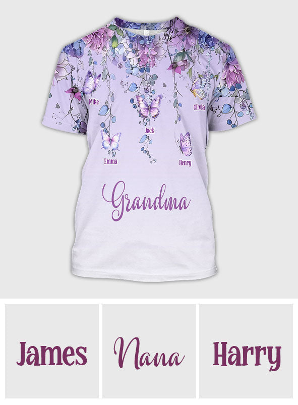T-shirt personnalisé « Grand-mère et enfants papillon » - T-shirt intégral « Grand-mère »