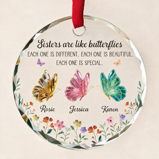 Personalized Christmas Sisters Butterfly Glass Ornament, Custom Name Sister Gift