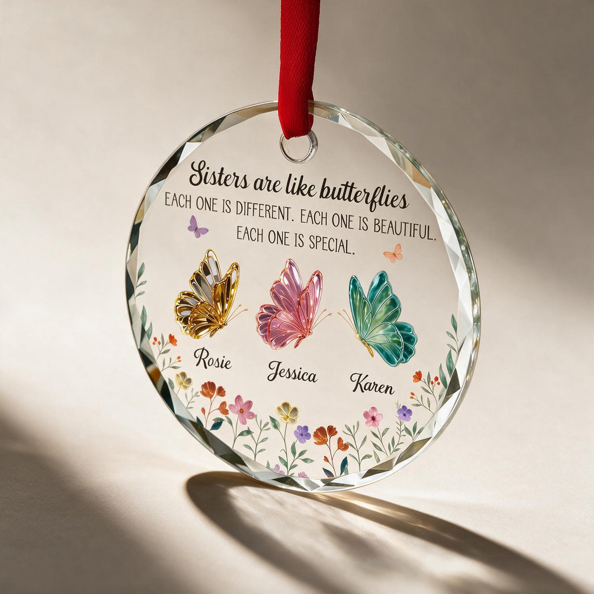 Personalized Christmas Sisters Butterfly Glass Ornament, Custom Name Sister Gift