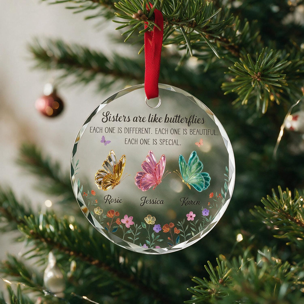 Personalized Christmas Sisters Butterfly Glass Ornament, Custom Name Sister Gift