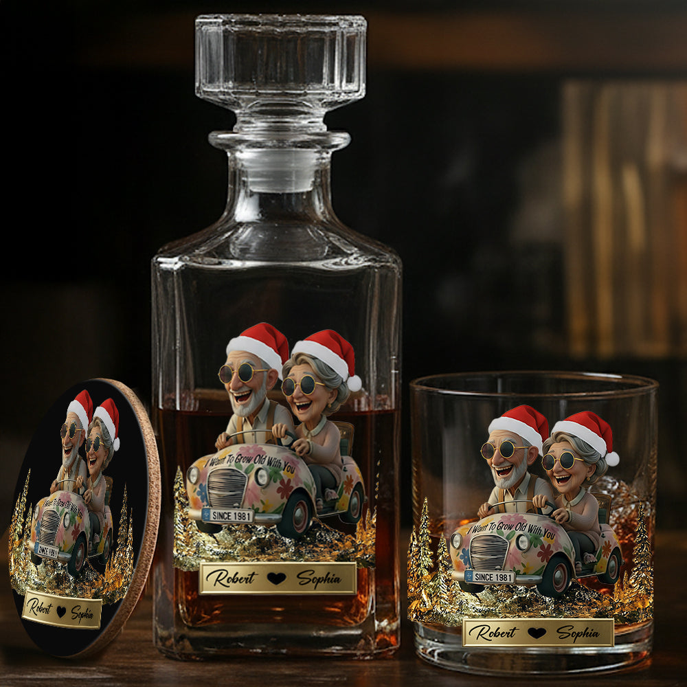Je veux vieillir avec toi - Coffret de carafes à whisky personnalisées pour couples