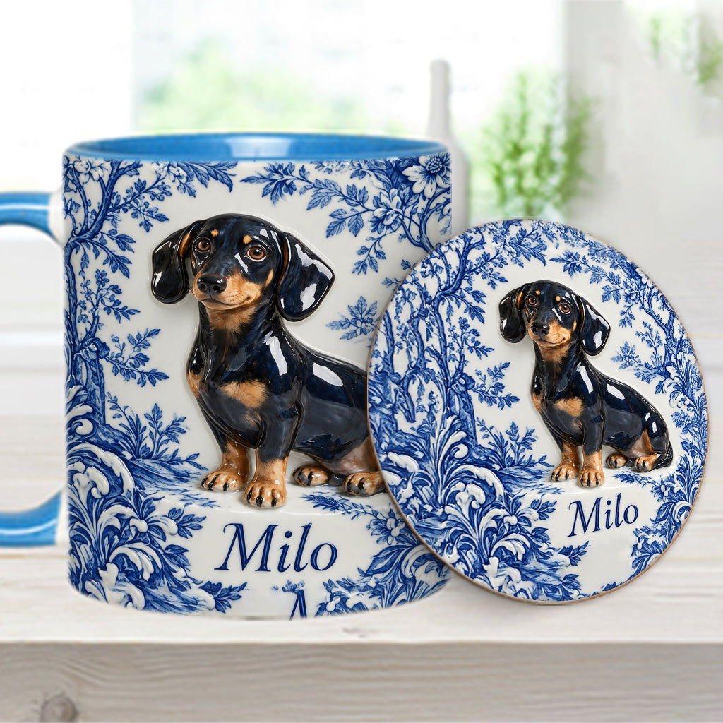 Pet Photo Blue and White Toile de Jouy - Personalized Dog Accent Mug & Coaster