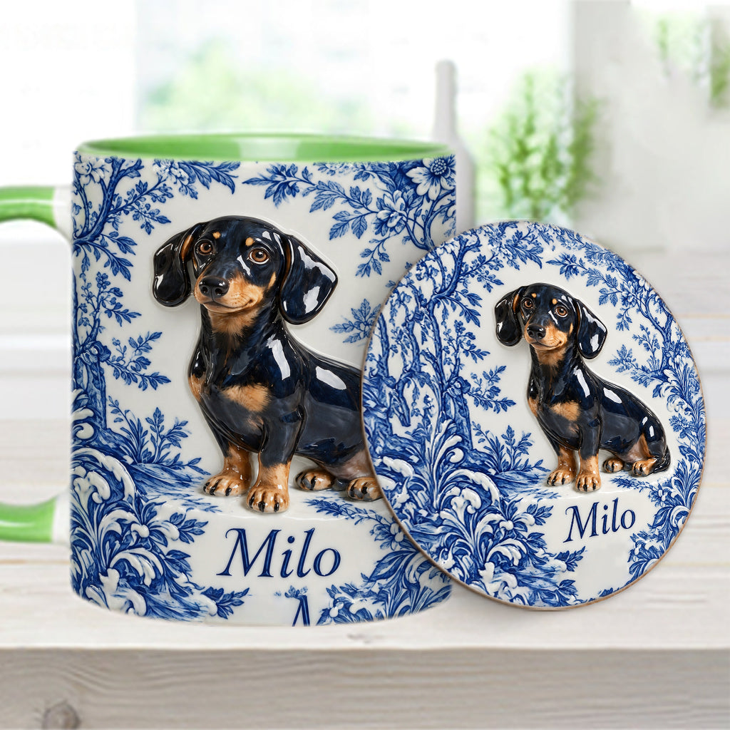 Pet Photo Blue and White Toile de Jouy - Personalized Dog Accent Mug & Coaster