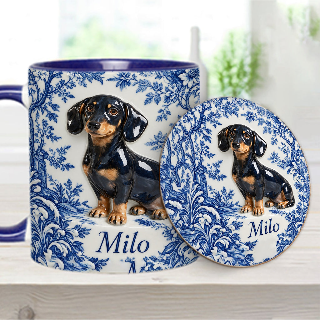 Pet Photo Blue and White Toile de Jouy - Personalized Dog Accent Mug & Coaster
