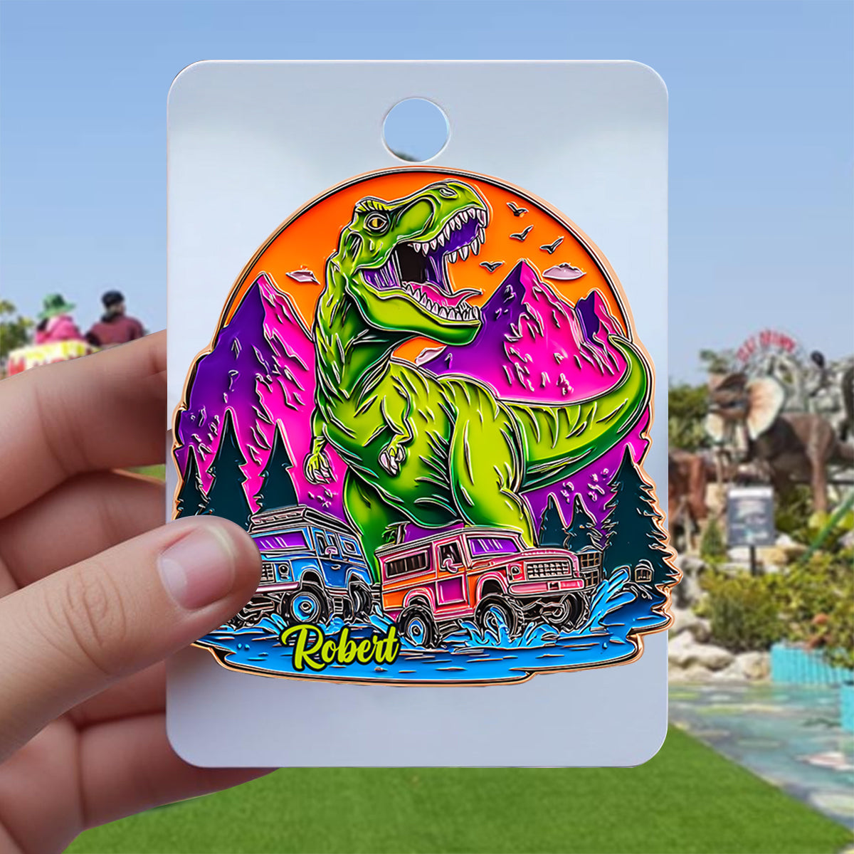 Dinosaure et Monster Truck - Pin's personnalisé pour enfant