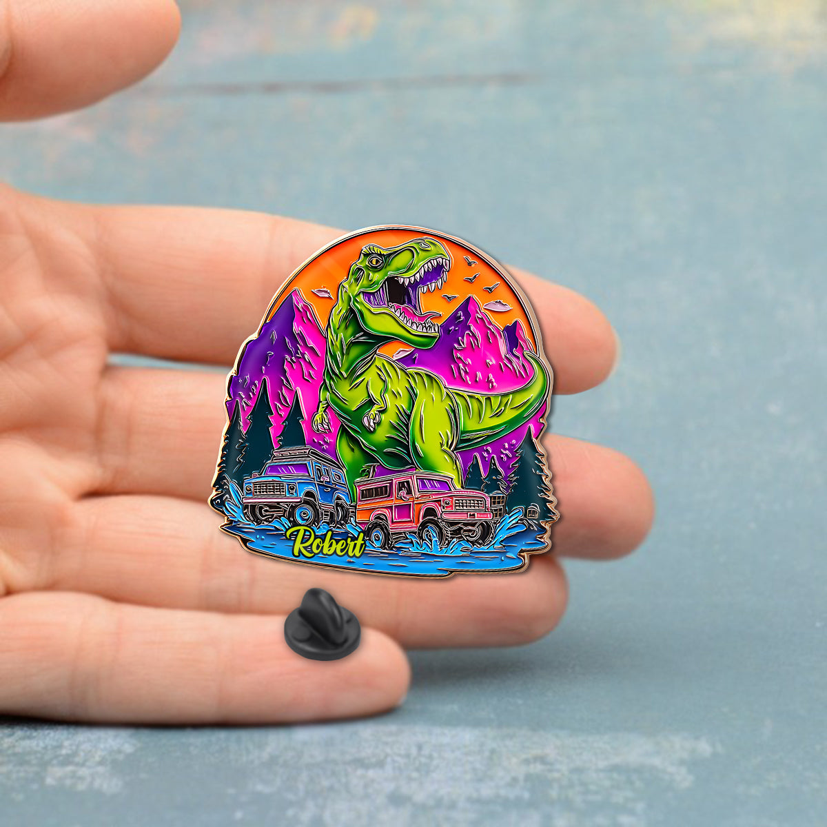 Dinosaure et Monster Truck - Pin's personnalisé pour enfant