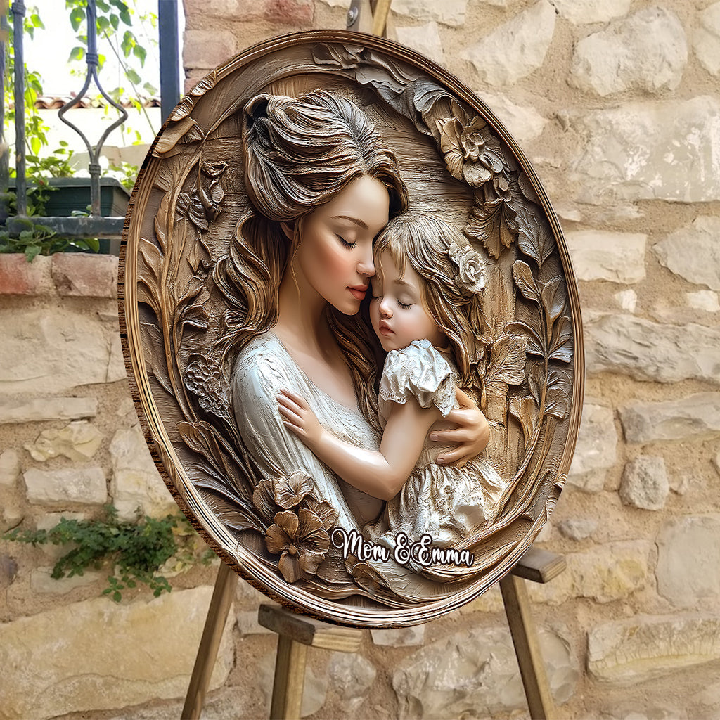 Mère et fille - Panneau rond en bois personnalisé pour maman