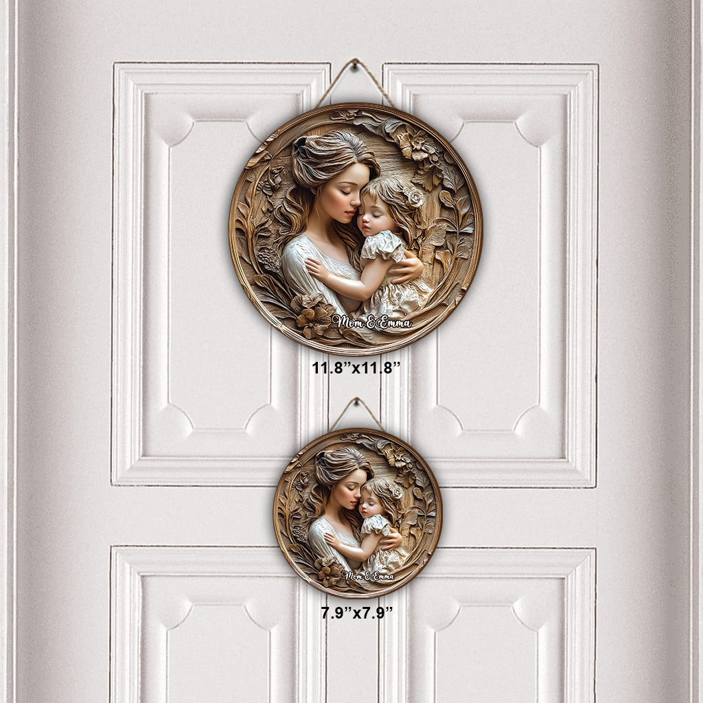 Mère et fille - Panneau rond en bois personnalisé pour maman