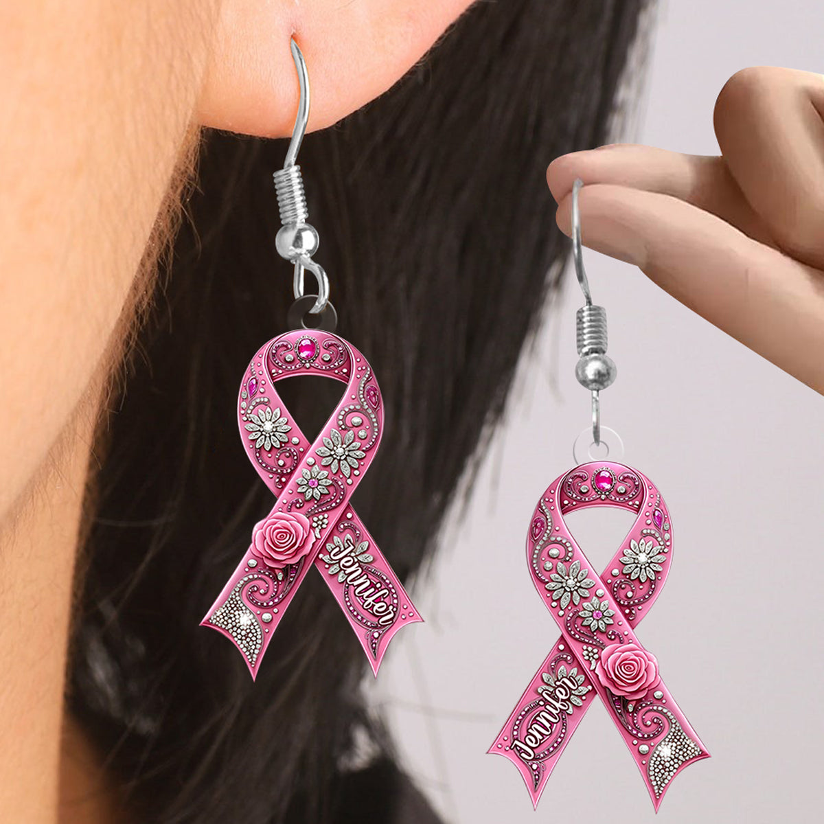 Sensibilisation au cancer du sein - Boucles d'oreilles personnalisées pour la sensibilisation au cancer du sein