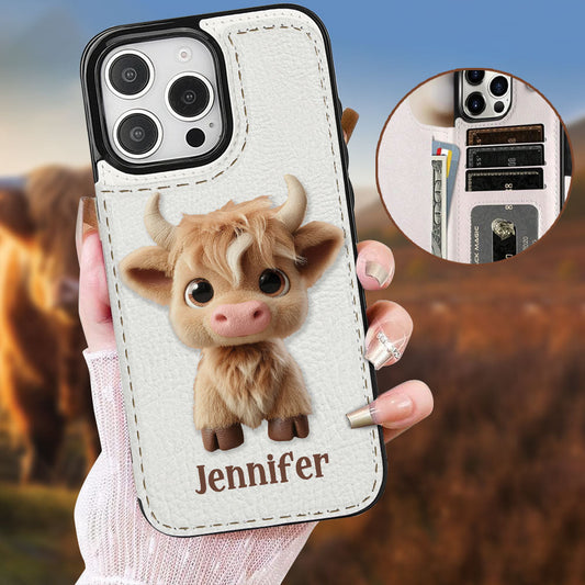 Étui portefeuille pliable personnalisé avec une adorable vache des Highlands
