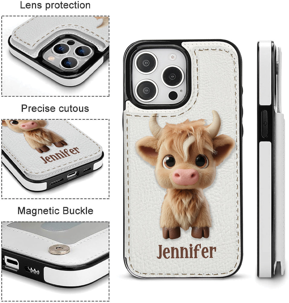 Étui portefeuille pliable personnalisé avec une adorable vache des Highlands