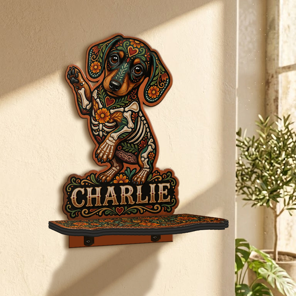 Pet Portrait Day Of The Dead Mexican Hispanic Style - Personalized Dog Wooden Floating Shelf
